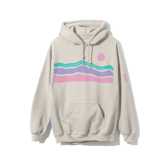 Beige hoodie with colorful graphic design on a white background