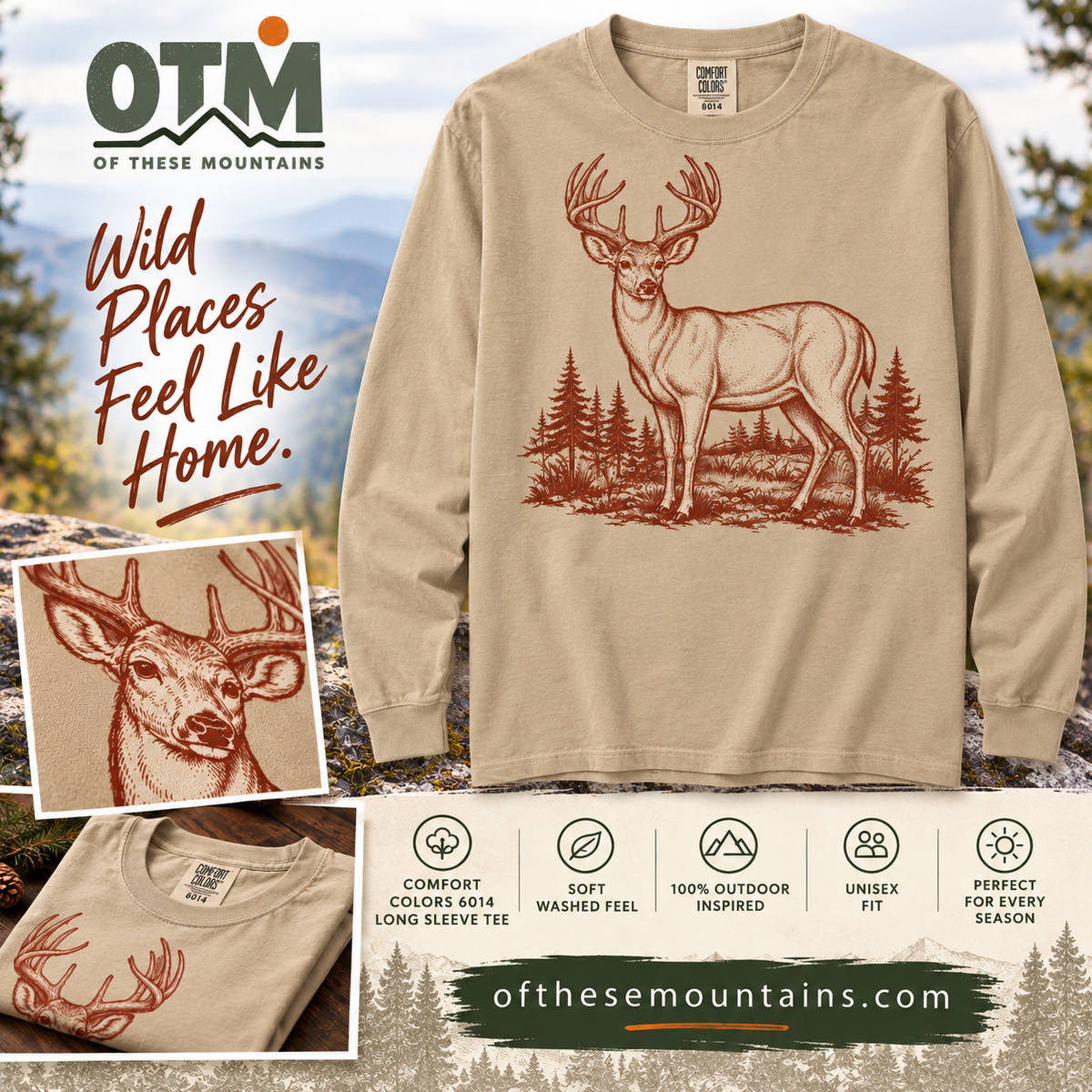 Woodland Buck Long Sleeve Tee – Khaki | Of These Mountains