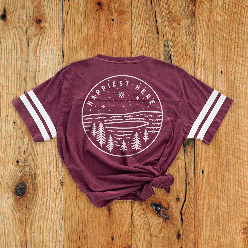 Of These Mountains Happiest Here Football Tee